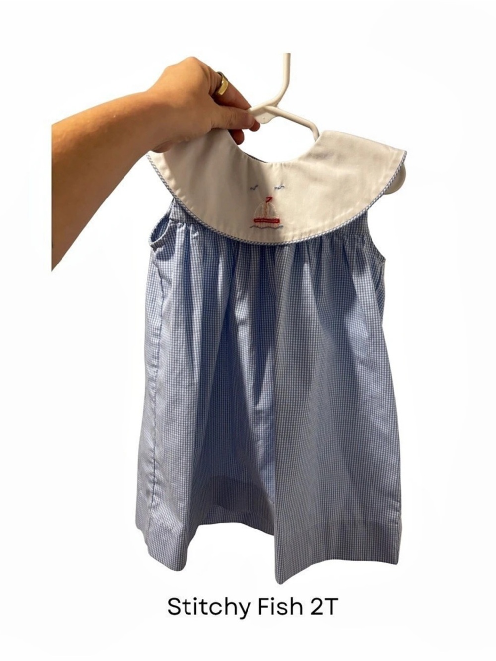 Stitchy Fish Sail On, Sailor Applique Dress, Blue 2T